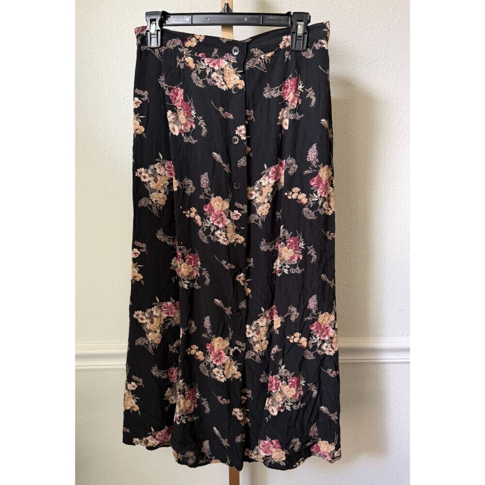 Vintage 90s Dark Floral Cottagecore A-Line Maxi Skirt Large Witchy Garden Party